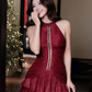 Sexy Burgundy A Line Halter Beaded Layered Satin Cocktail Dress Homecoming Dress SH6161