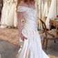 Romantic Ivory A Line Off the Shoulder Pleated Satin Wedding Dress SH6086