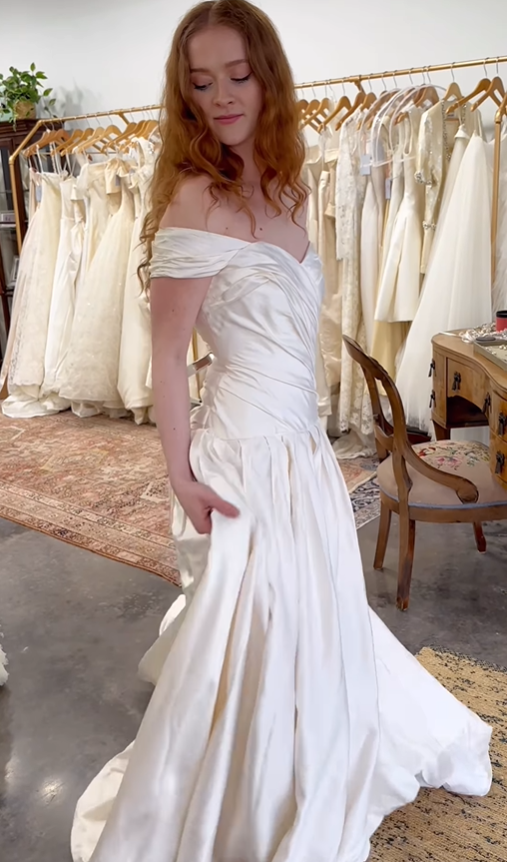 Romantic Ivory A Line Off the Shoulder Pleated Satin Wedding Dress SH6086