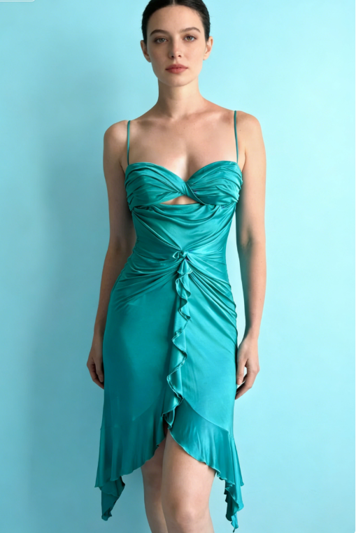 Vintage Blue Lake A Line Spaghetti Strap Ruffle Satin Short Homecoming Dress Outfits SH5139