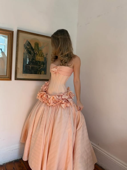 Light Pink Princess A Line Strapless 3D Flower Satin Long Prom Dress Evening Dress SH6060