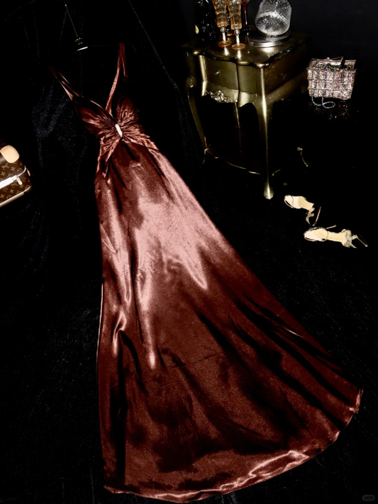 Sexy A Line Straps V Neck Brown Satin Long Party Dress Evening Dress SH3230