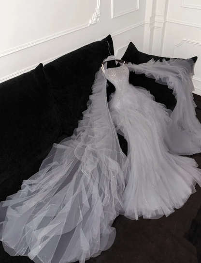 Romantic A Line Strapless Beaded Ruffle Grey Tulle Party Dress Evening Dress SH3371