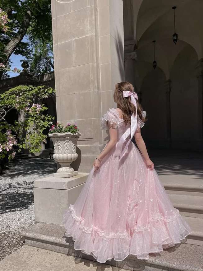 Stunning Light Pink A Line V Neck Tulle Prom Dress Outfits with Slit SH4867