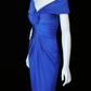 Vintage Blue A Line Off the Shoulder Pleated Satin Prom Dress Evening Dress SH5128