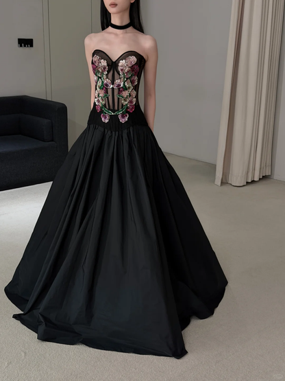 Exquisite A Line Sweetheart Neck Beaded Satin Long Prom Dress Evening Dress SH7714