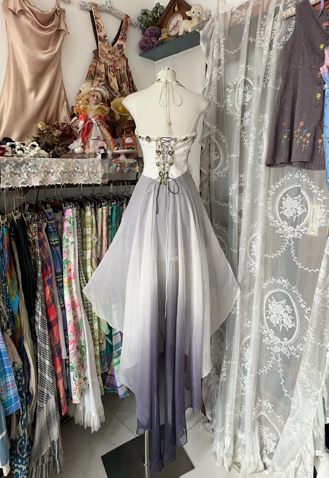 Unique Vintage A Line Halter Beaded Ombre Chiffon Long Prom Dress SH5259