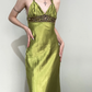 Vintage Sheath Halter Beaded Green Satin Open Back Prom Dress Graduation Prom Dress SH2570