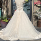 Retro A Line Off the Shoulder Beaded Light Apricot Satin Tulle Wedding Dress SH5945