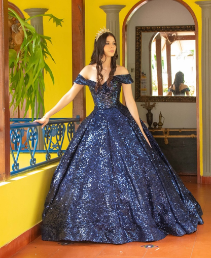 Shiny Royal Blue Ball Gown Off the Shoulder Sequin Sweet 16 Dress Party Gowns Quinceanera Dresses SH3559