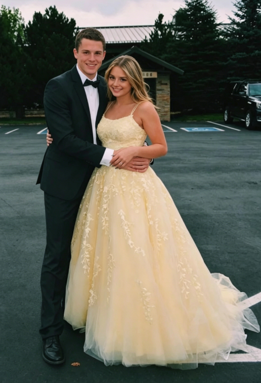 Hot Yellow A Line Straps Lace Tulle Long Prom Dress Graduation Prom Dress SH046