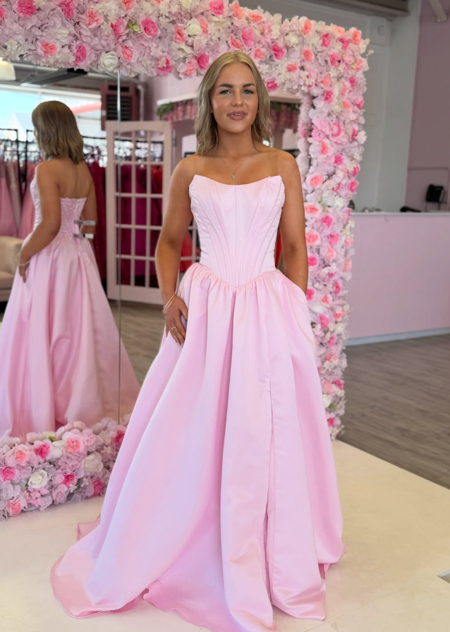Simple Bright Pink A Line Strapless Corset Satin Prom Dress Evening Dress SH6654