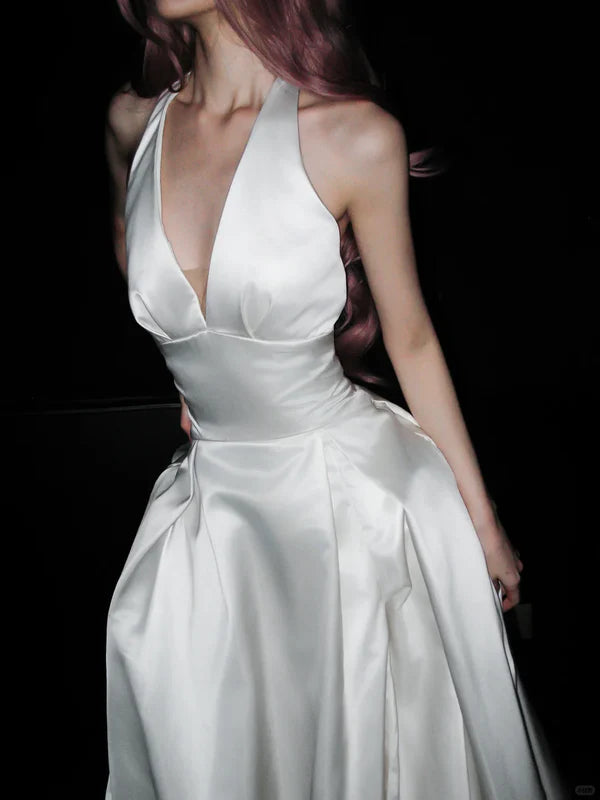Stunning A Line Halter White Satin Backless Long Wedding Dress SH5980