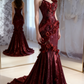 Shiny Burgundy Mermaid Halter Appliques Ruffle Sequin Long Prom Dress SH5426