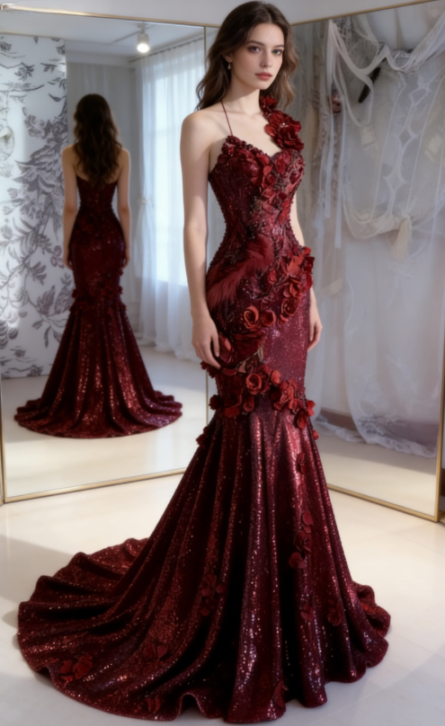 Shiny Burgundy Mermaid Halter Appliques Ruffle Sequin Long Prom Dress SH5426