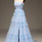 Pretty A Line Strapless Tiered Blue Tulle Long Prom Dress Evening Dress with Slit SH1959