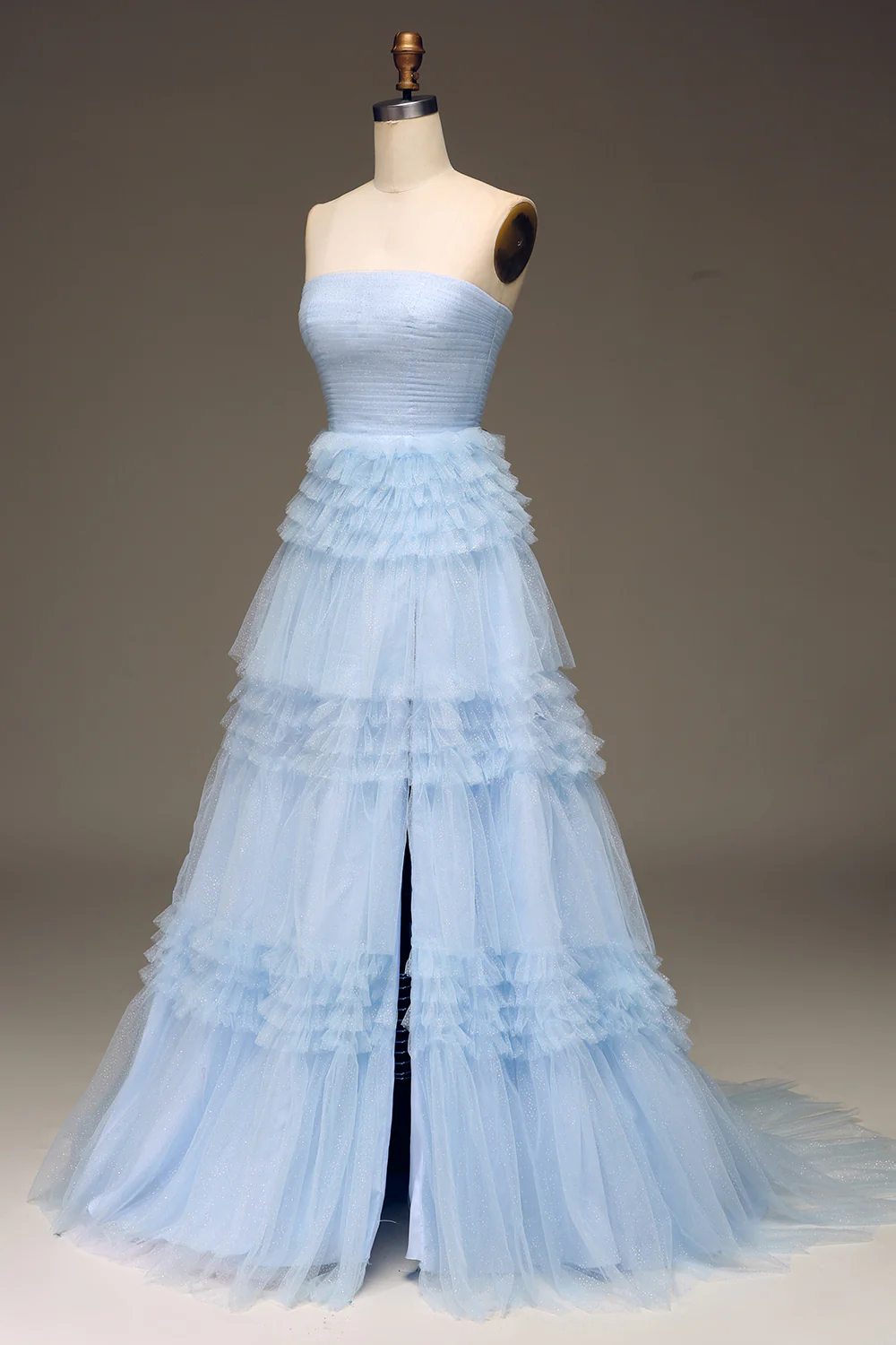 Pretty A Line Strapless Tiered Blue Tulle Long Prom Dress Evening Dress with Slit SH1959