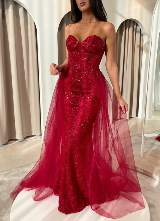 Sexy Red Mermaid Sweetheart Neck Sequin Tulle Long Prom Dress Party Evening Dress SH5707