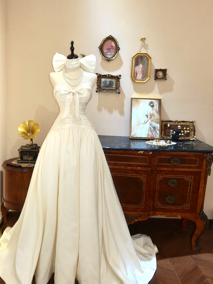Cute A Line Sweetheart Neck Ivory Satin Long Prom Dress Wedding Dress SH7397