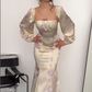Pretty Mermaid Long Sleeve Print Floral Satin Long Prom Dress Party Dress SH4848