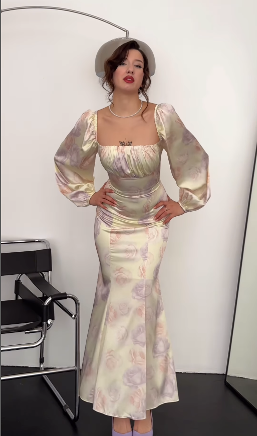 Pretty Mermaid Long Sleeve Print Floral Satin Long Prom Dress Party Dress SH4848