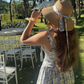 Blue Print Floral Two Piece  A Line Satin Long Prom Dress Party Dress 16th Birthday Dress SH3877