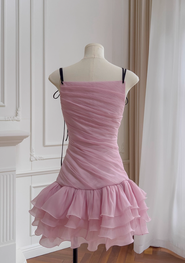 Cute Pink A Line Spaghetti Strap Layered Chiffon Homecoming Dress SH4506