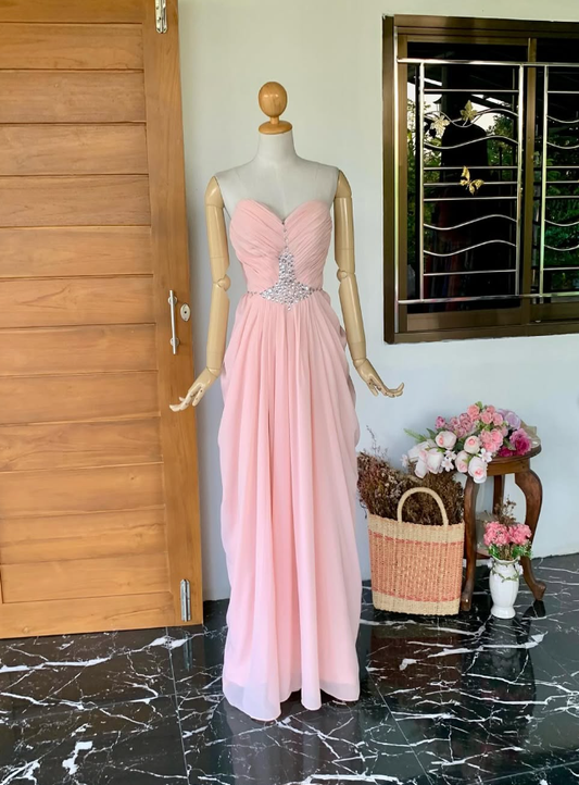 Light Pink Sheath Sweetheart Neck Rhinestone Chiffon Long Prom Dress Evening Dress SH2296