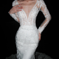 Elegant Mermaid Long Sleeve V Neck Lace Tulle Long Train Wedding Dress SH6614