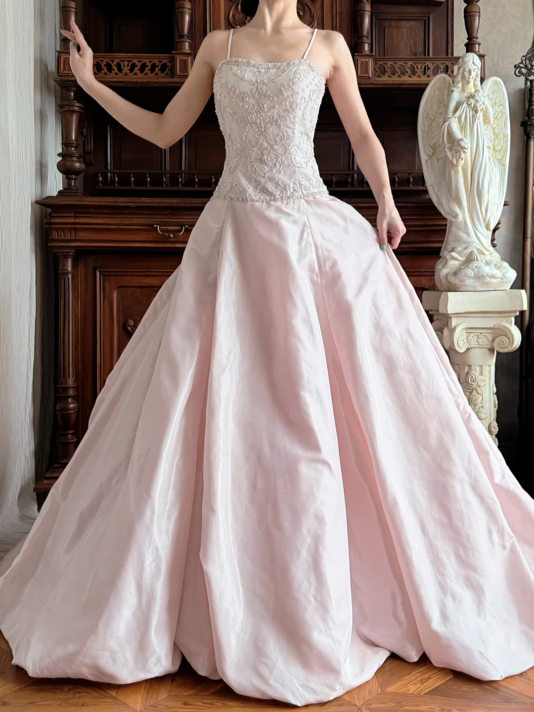 Vintage Pink A Line Straps Beaded Satin Long Sweep Prom Dress Evening Dress SH5660