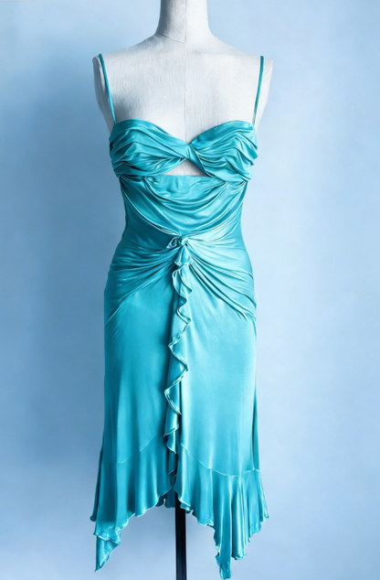 Vintage Blue Lake A Line Spaghetti Strap Ruffle Satin Short Homecoming Dress Outfits SH5139