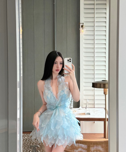 Stunning A Line Halter Layered Baby Blue Tulle Short Prom Dress Homecoming Dress SH8812