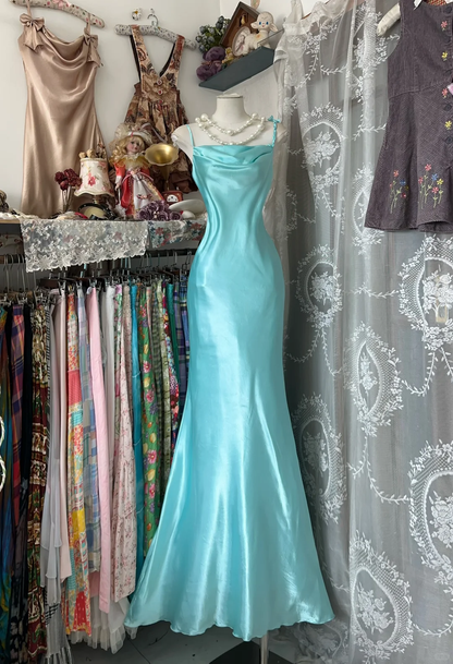 Simple Vintage Mermaid Straps Ruffle Satin Open Back Long Prom Dress SH5253