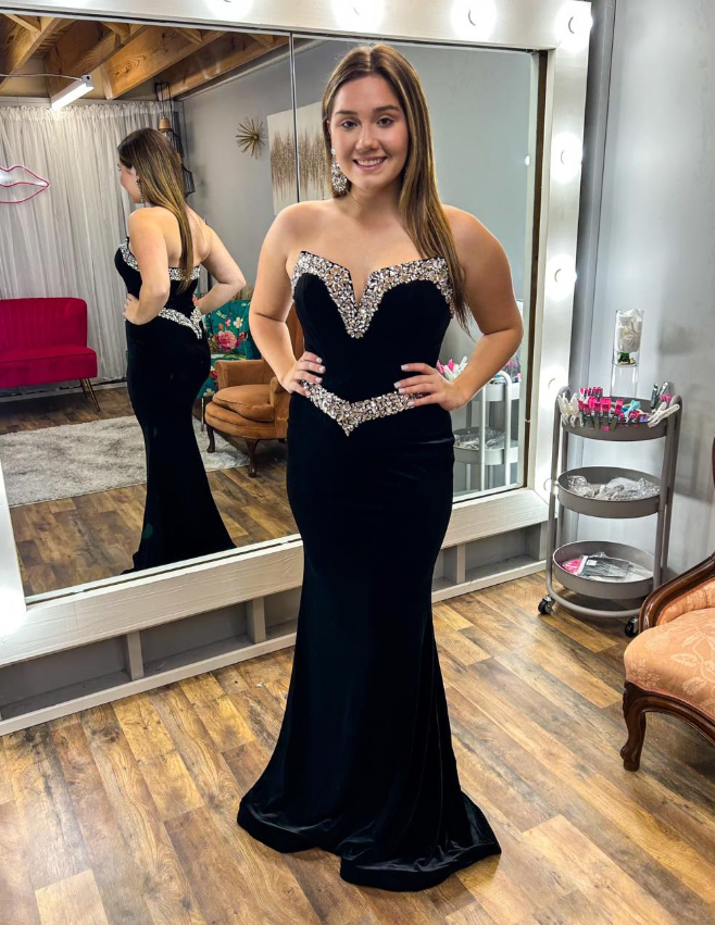 Sexy Black Mermaid Strapless Shiny Rhinestone Velvet Long Prom Dress Evening Dress SH6774