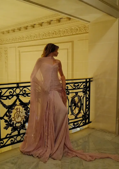 Flowy A Line Sweetheart Neck Pleated Pink Chiffon Long Prom Dress Evening Dress SH5327