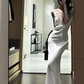 Romantic Mermaid V Neck White Lace Satin Long Prom Dress Evening Dress SH8788