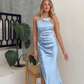 Gentle Sheath Strap Blue Satin Evening Dress Bridesmaid Dress with Slit SH2698