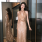 Sexy Sheath Halter Champagne Sequin Long Prom Dress Formal Gown SH4183