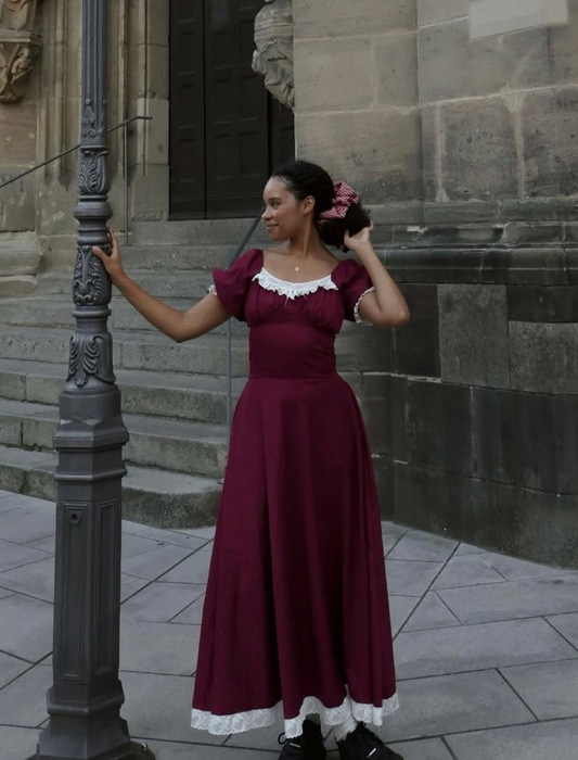 Burgundy A Line Puff White Lace Satin Long Party Dress Cocktail Dress Date Dress SH3685