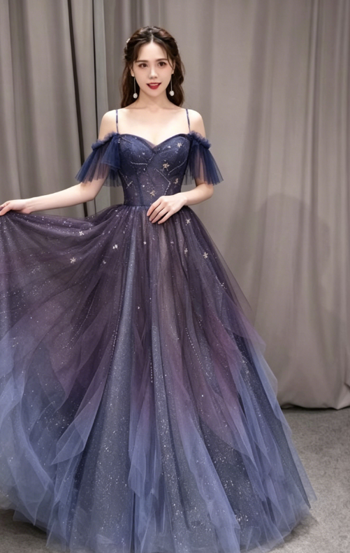 Purple tulle off shoulder A-line long prom dress, purple evening dress KS7899