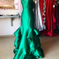 Charming Mermaid Sweetheart Ruffle Green Satin Long Prom Dress Evening Dress SH2011