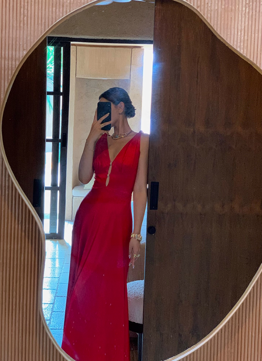 Classic Red A Line V Neck Satin Long Prom Dress Party Dress SH4030