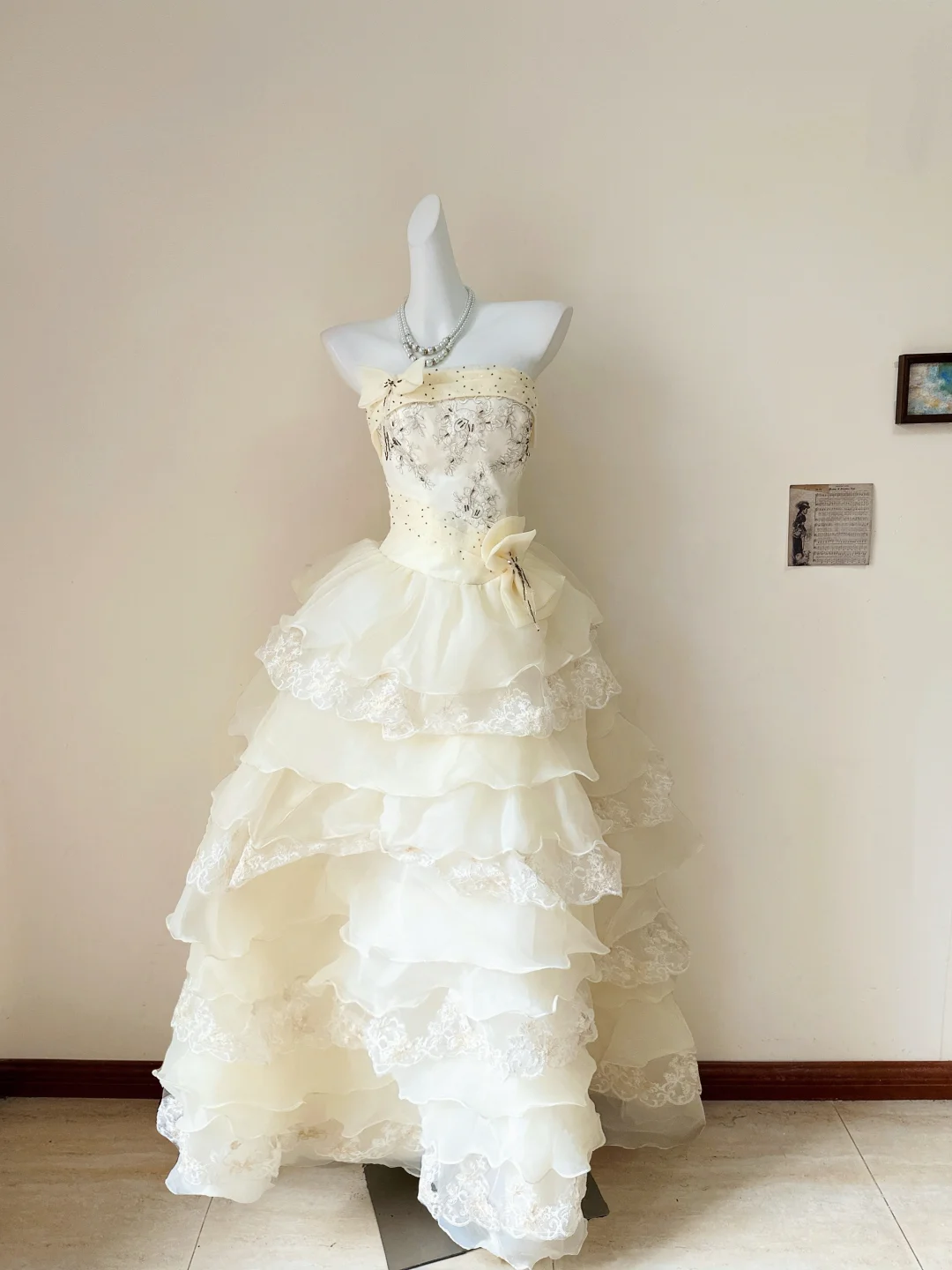 Cute Retro Ball Gown Strapless Layered Lace Organza Wedding Dress Prom Dress SH5892