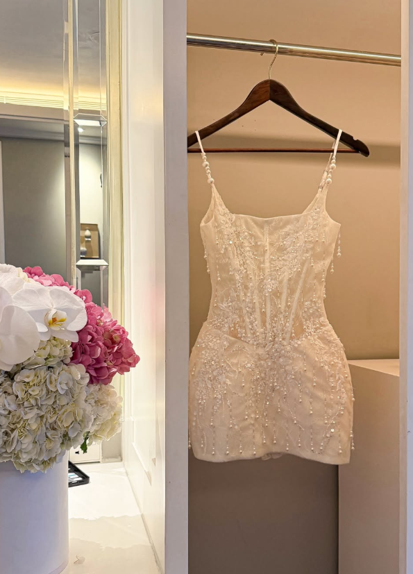 Ivory Sheath Spaghetti Straps Corset Beading Tulle Cocktail Dress Homecoming Dress SH6168