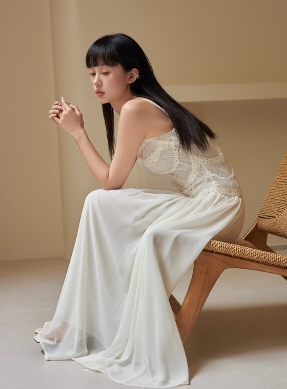 Simple A Line Spaghetti Strap Light Apricot Lace Chiffon Party Dress Outfits SH4728