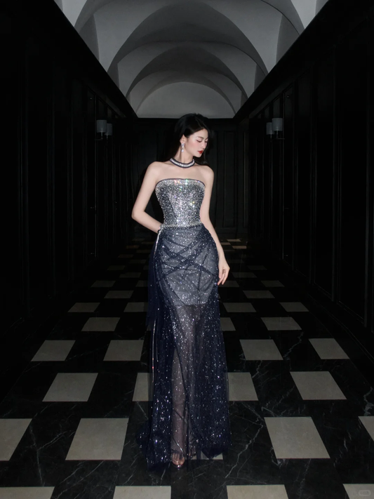 Shiny Grey A Line Strapless Rhinestone Tulle Long Prom Dress Party Dress SH4194