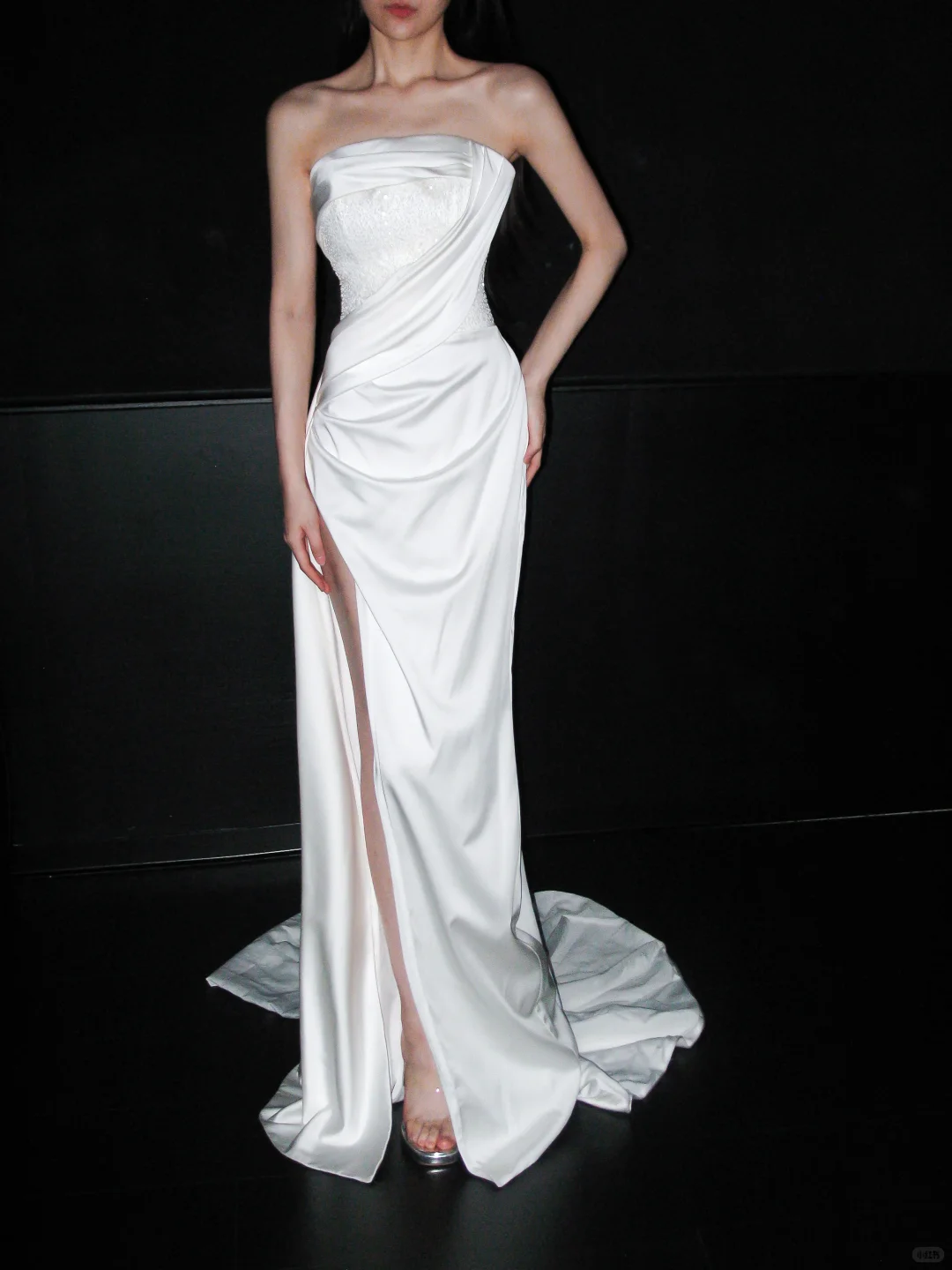 Pretty White Exquisite Beaded Sheath Strapless Satin Slit Long Wedding Dress SH6627