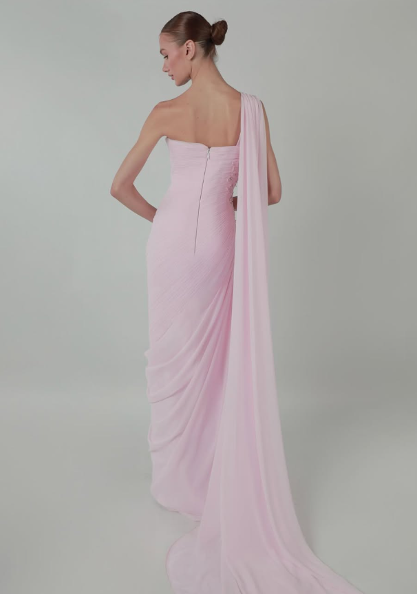 Light Pink Sheath One Shoulder Pleated Beaded Chiffon Prom Dress Wedding Guest Dress SH4699