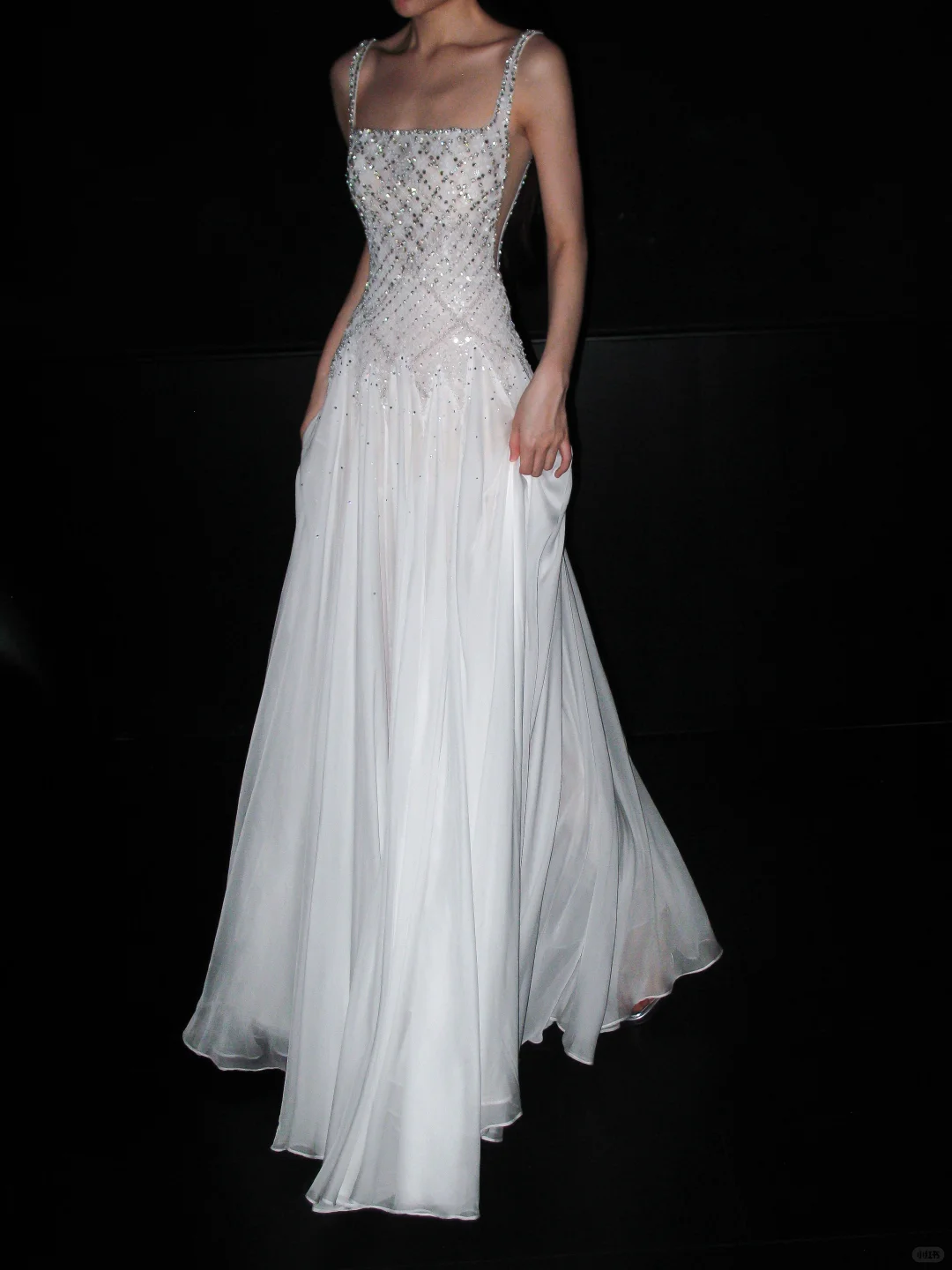Shiny Exquisite Beaded Sequin A Line Straps White Chiffon Long Wedding Dress SH6628