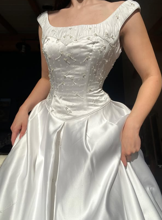 Simple Elegant A Line Straps Beaded White Satin Wedding Dress Prom Dress SH5937